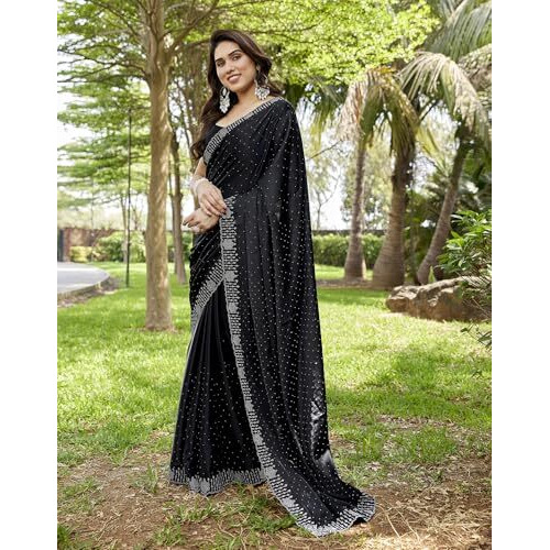 Yashika Women's Bollywood Satin Moss With Swarovski Stone Saree with Blouse |saree for Women | Silk Saree | New Sari | Latest Saree (AZ-YS-P1-NAGMA BLACK)