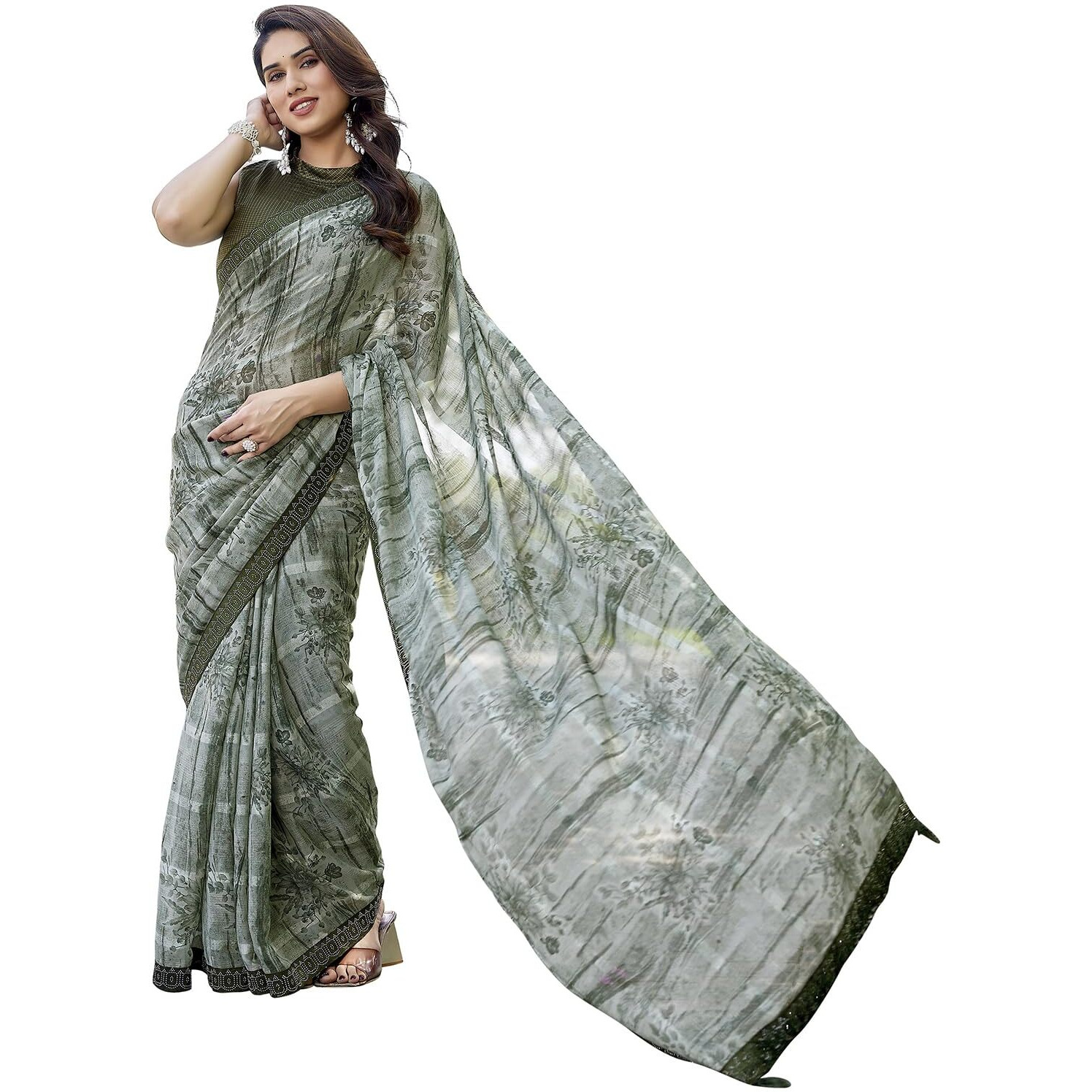Yashika Women's Saree Weightless Georgette Saree Satin Printed Saree Hot Fix Swarovski Lace Saree Saree with Tassels Unstitched Blouse Material Saree (AZ-YS-NEW-P1-REHANA MAHENDI)
