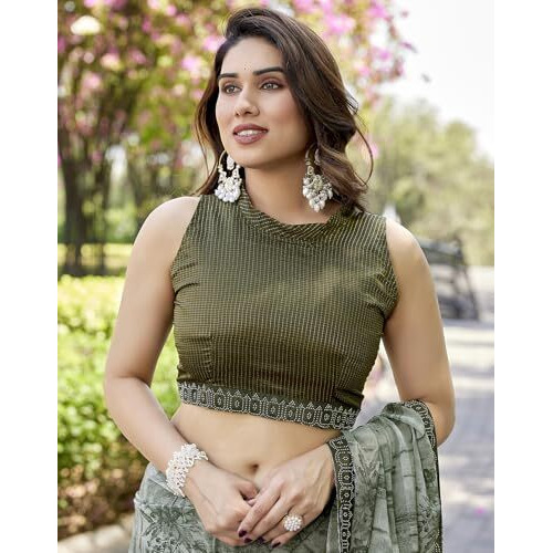 Yashika Women's Saree Weightless Georgette Saree Satin Printed Saree Hot Fix Swarovski Lace Saree Saree with Tassels Unstitched Blouse Material Saree (AZ-YS-NEW-P1-REHANA MAHENDI)