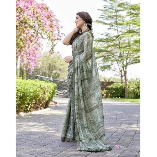 Yashika Women's Saree Weightless Georgette Saree Satin Printed Saree Hot Fix Swarovski Lace Saree Saree with Tassels Unstitched Blouse Material Saree (AZ-YS-NEW-P1-REHANA MAHENDI)