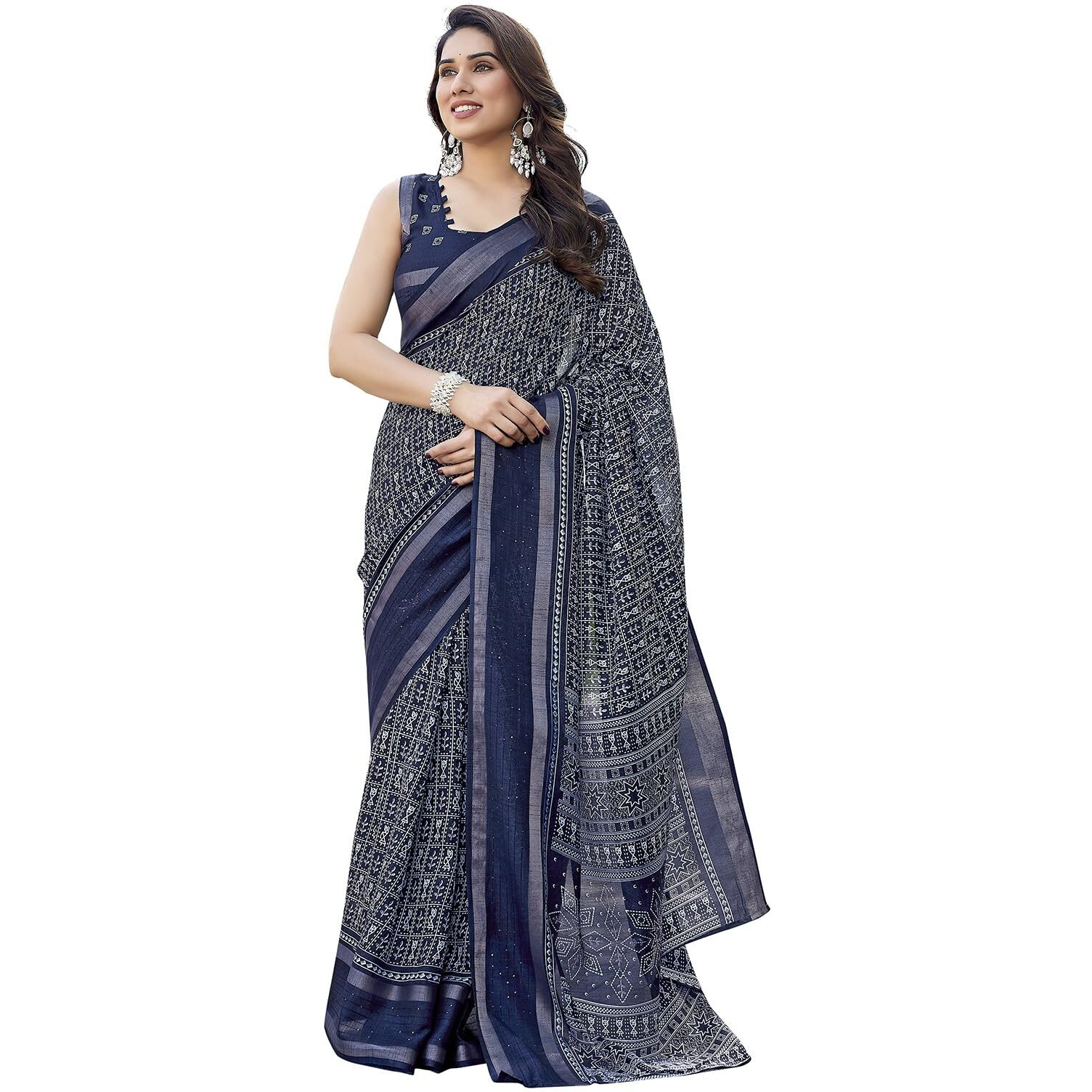 Yashika Women's Silk Blend Printed Saree Set with Blouse |saree for Women | Silk Saree | New Sari | Latest Saree (AZ-YS-P1-SUPRNA NAVY)
