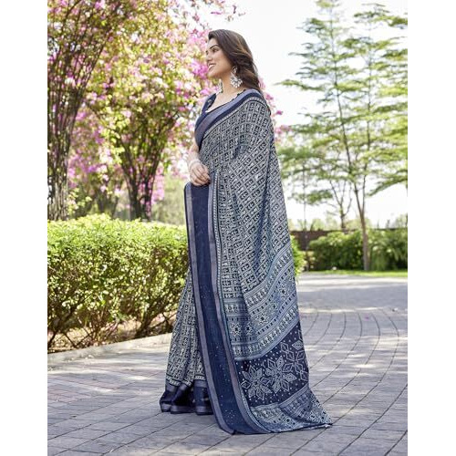 Yashika Women's Silk Blend Printed Saree Set with Blouse |saree for Women | Silk Saree | New Sari | Latest Saree (AZ-YS-P1-SUPRNA NAVY)