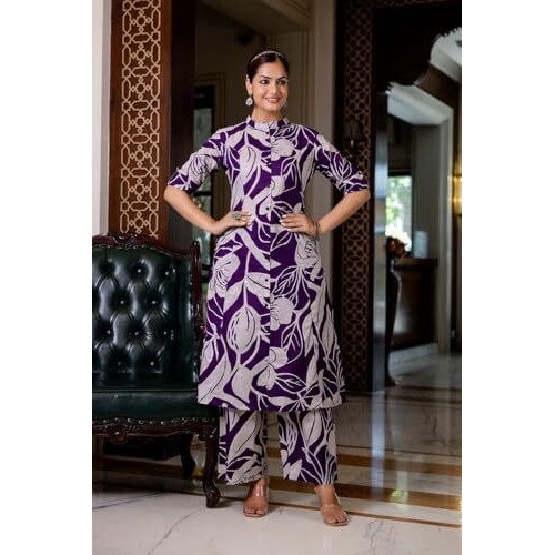 ANNI DESIGNER Women's Rayon Viscose Straight Printed Kurta with Palazzo (Diboli Begani_M_Begani_Medium)