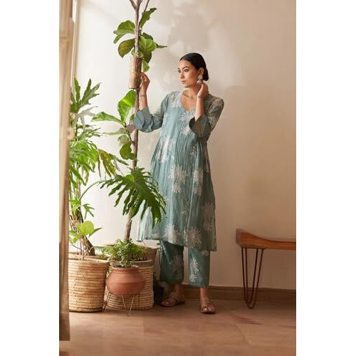ANNI DESIGNER Women's Rayon Viscose Straight Printed Kurta with Pant (Robin Pista_XXL_Pista_XX-Large)