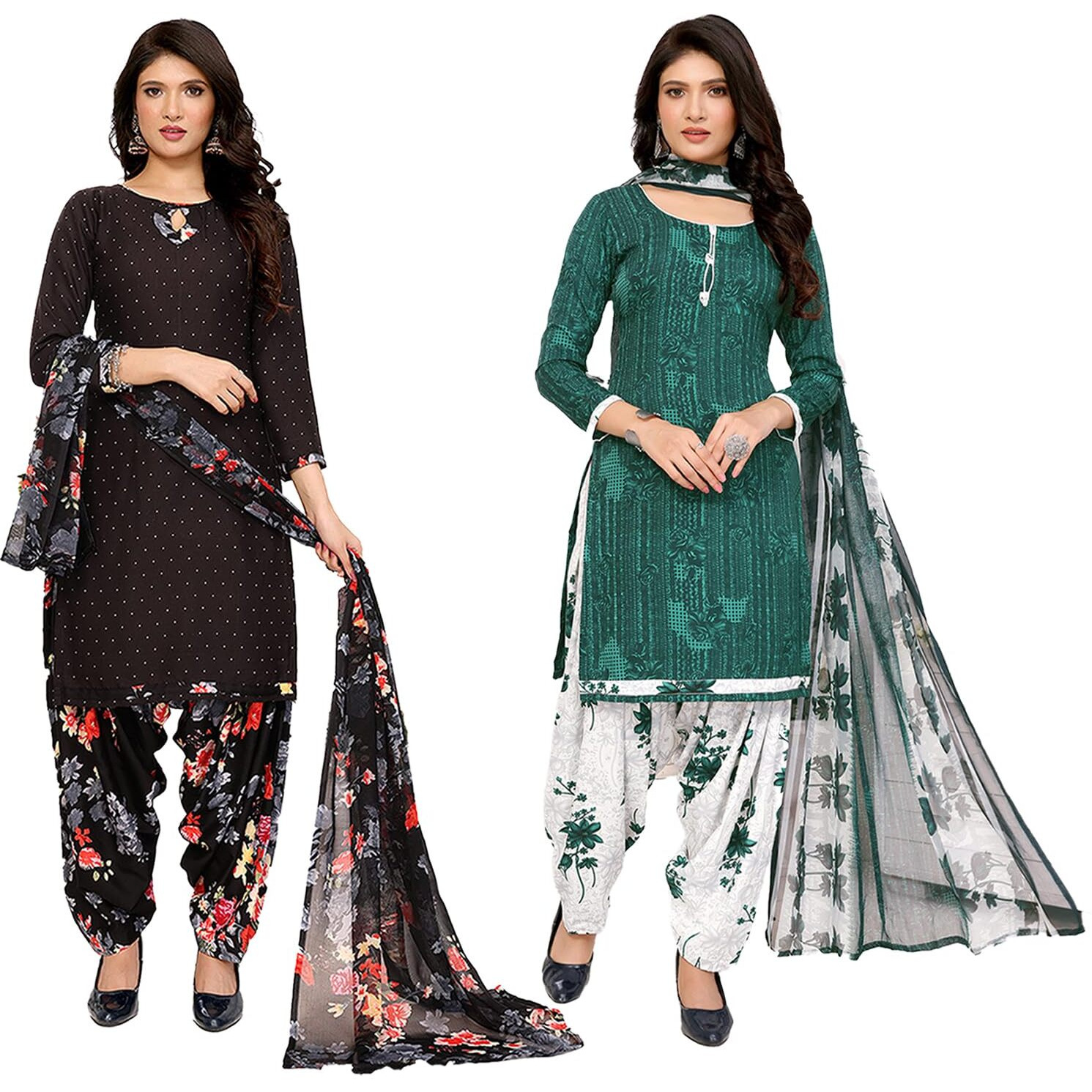 Yashika Women's Crepe Dress Material Set for Women | Unstitched Printed Fabric for Kurta Bottom & Dupatta (YS-BLACK FLOWER-NITU GREEN)