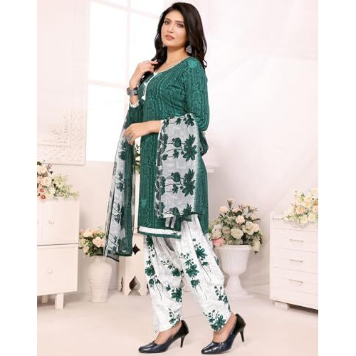 Yashika Women's Crepe Dress Material Set for Women | Unstitched Printed Fabric for Kurta Bottom & Dupatta (YS-BLACK FLOWER-NITU GREEN)