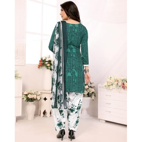Yashika Women's Crepe Dress Material Set for Women | Unstitched Printed Fabric for Kurta Bottom & Dupatta (YS-BLACK FLOWER-NITU GREEN)