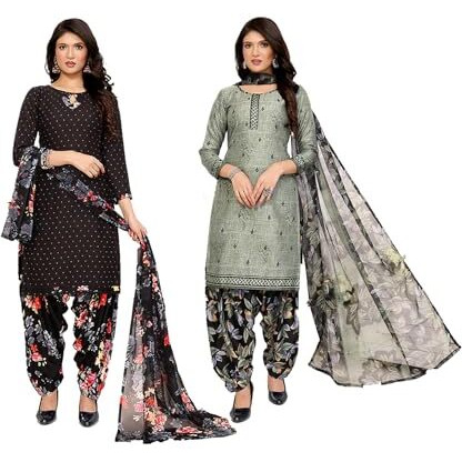 Yashika Women's Crepe Dress Material Set for Women | Unstitched Printed Fabric for Kurta Bottom & Dupatta (YS-BLACK FLOWER-SUKI MEHNDI)