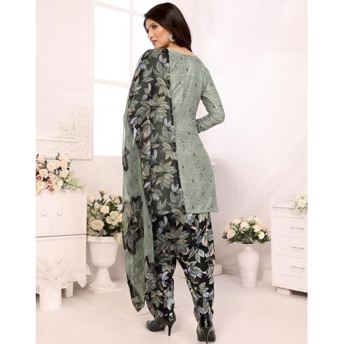 Yashika Women's Crepe Dress Material Set for Women | Unstitched Printed Fabric for Kurta Bottom & Dupatta (YS-BLACK FLOWER-SUKI MEHNDI)
