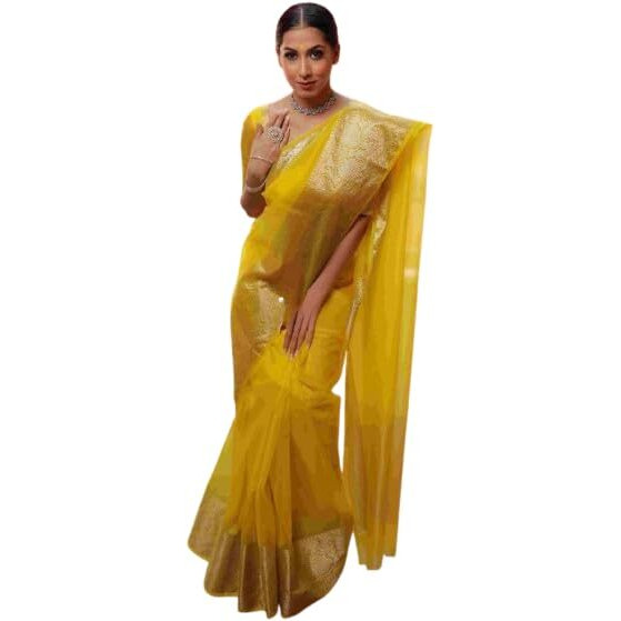 Yashika Women's Plain Organza Saree with Floral Woven Border and Unstitched Blouse Material (AZ-YS-OG5-ORGANZA Yellow