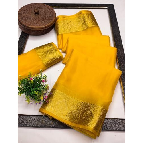 Yashika Women's Plain Organza Saree with Floral Woven Border and Unstitched Blouse Material (AZ-YS-OG5-ORGANZA Yellow