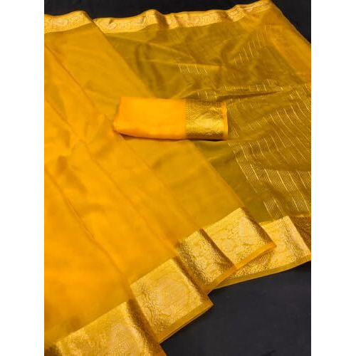 Yashika Women's Plain Organza Saree with Floral Woven Border and Unstitched Blouse Material (AZ-YS-OG5-ORGANZA Yellow