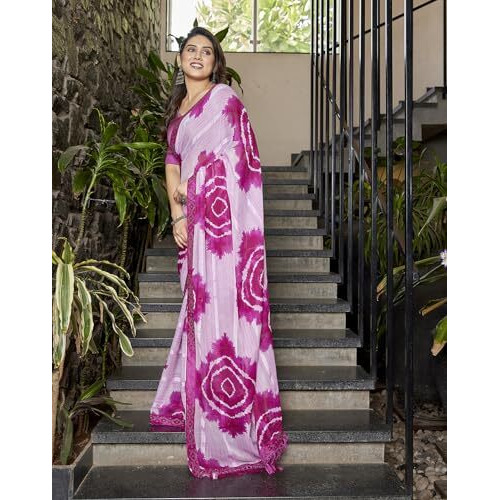 Yashika Women's Saree Weightless Georgette Saree Satin Printed Saree Hot Fix Swarovski Lace Saree Saree with Tassels Unstitched Blouse Material Saree (AZ-YS-NEW-P1-SUFIYA PINK)