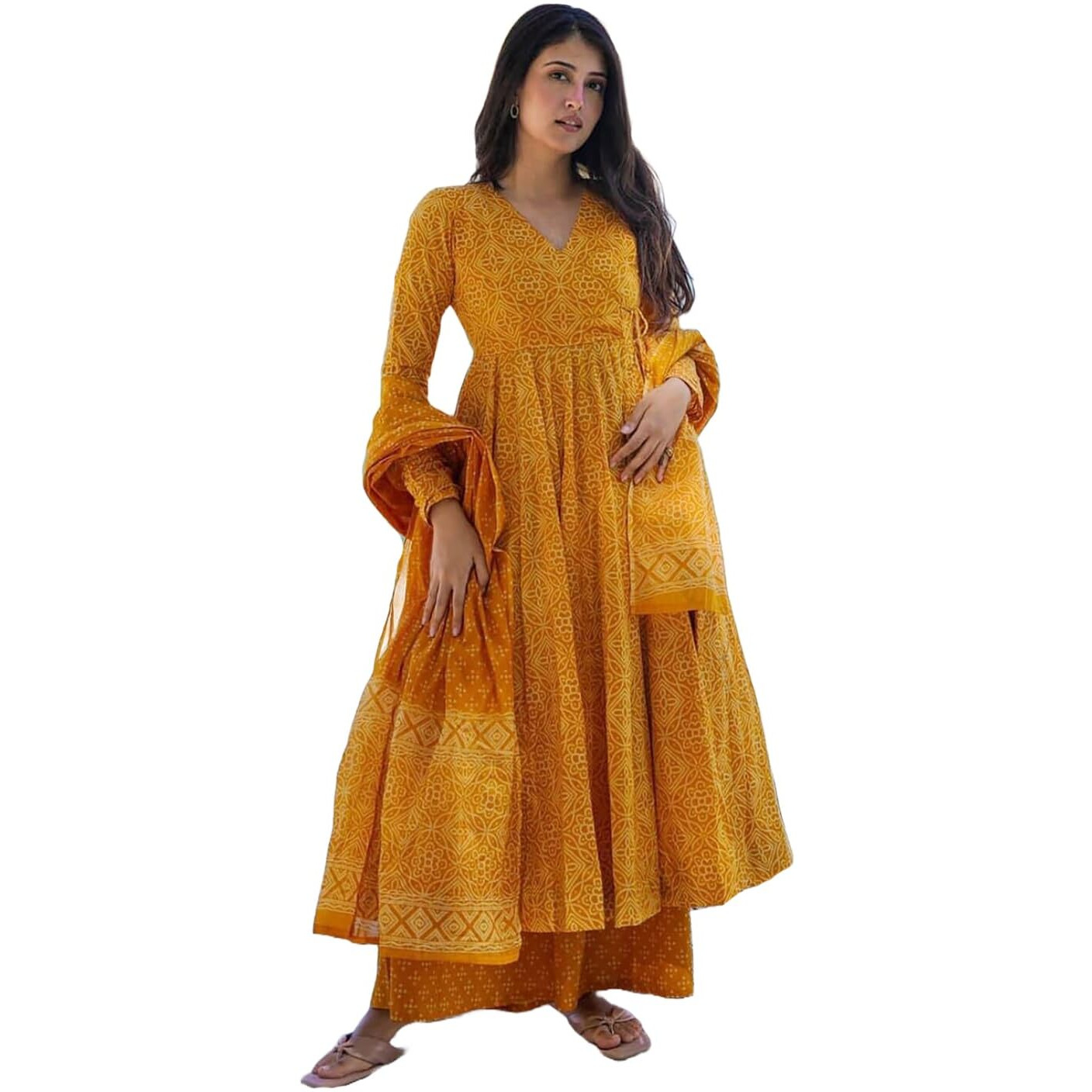 ANNI DESIGNER Women's Rayon Viscose Anarkali Printed Kurta with Palazzo & Dupatta (Sinners Yellow_XXL_Yellow_XX-Large)