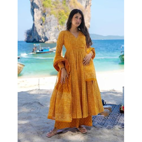 ANNI DESIGNER Women's Rayon Viscose Anarkali Printed Kurta with Palazzo & Dupatta (Sinners Yellow_XXL_Yellow_XX-Large)
