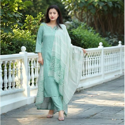 ANNI DESIGNER Women's Rayon Viscose Straight Solid Kurta with Pant & Dupatta (PRAGYA See GREEN-VKS02_XL_See Green_X-Large)