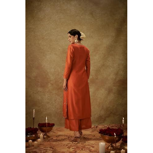 ANNI DESIGNER Women's Rayon Viscose Straight Embroidered Kurta with Pant & Dupatta (CHAHAT Orange_XL_Orange_X-Large)
