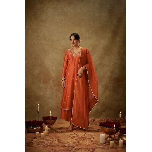 ANNI DESIGNER Women's Rayon Viscose Straight Embroidered Kurta with Pant & Dupatta (CHAHAT Orange_XL_Orange_X-Large)