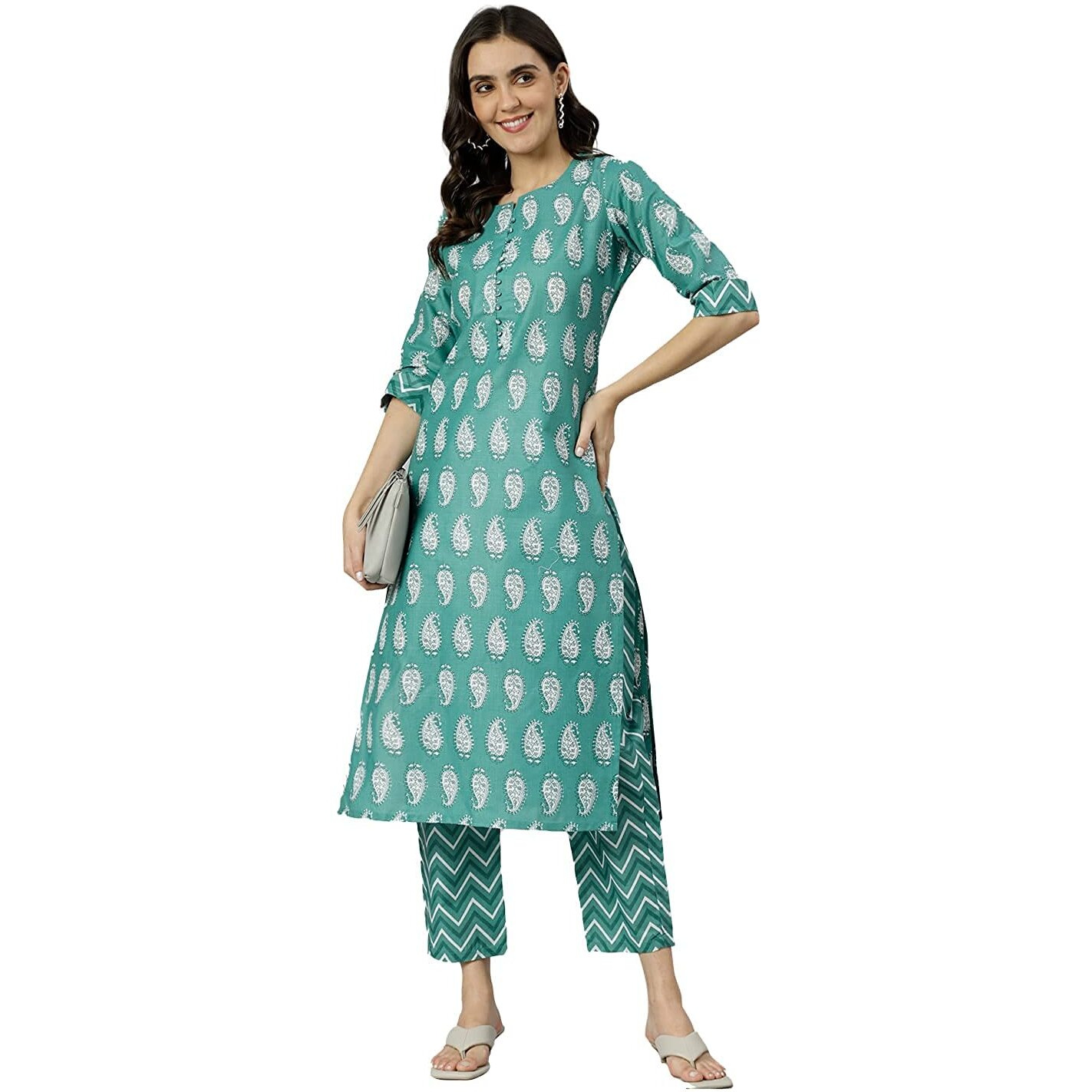 ANNI DESIGNER Women's Cotton Blend Printed Straight Kurta with Pant (Jugnu Green_XXL_Green_XX-Large)