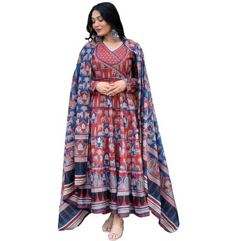 ANNI DESIGNER Women's Rayon Viscose Printed Anarkali Kurta with Pant & Dupatta (SVR BLUE-VKS01_XL_Blue_X-Large)