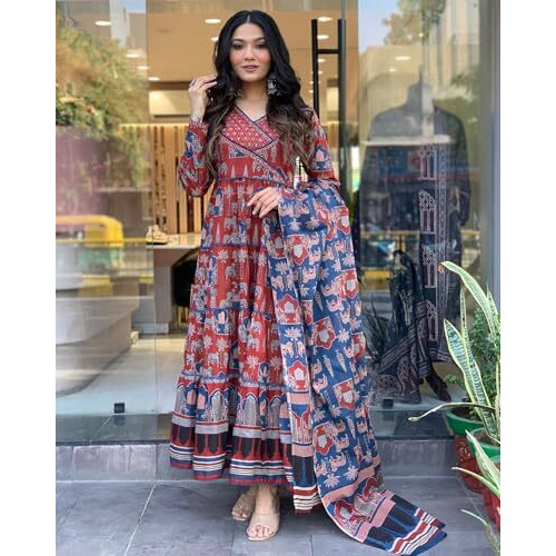 ANNI DESIGNER Women's Rayon Viscose Printed Anarkali Kurta with Pant & Dupatta (SVR BLUE-VKS01_XL_Blue_X-Large)