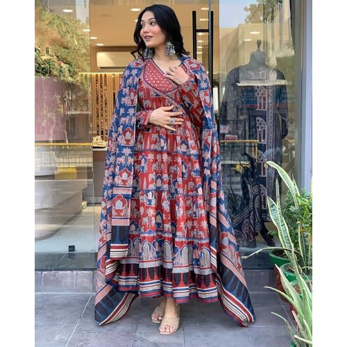 ANNI DESIGNER Women's Rayon Viscose Printed Anarkali Kurta with Pant & Dupatta (SVR BLUE-VKS01_XL_Blue_X-Large)