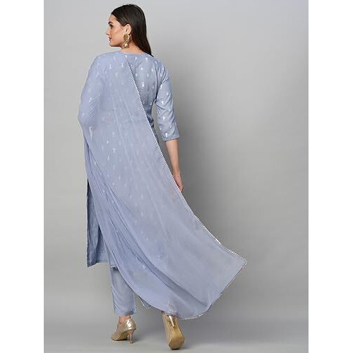 ANNI DESIGNER Women's Cotton Blend Straight Printed Kurta with Pant & Dupatta (Paridhan Grey_L_Grey_Large)