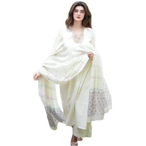 ANNI DESIGNER Women's Rayon Blend Printed Straight Kurta with Pant & Dupatta (Mirai WHITE-VKS01_XL_White_X-Large)
