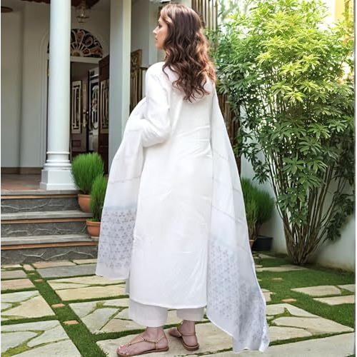 ANNI DESIGNER Women's Rayon Blend Printed Straight Kurta with Pant & Dupatta (Mirai WHITE-VKS01_XL_White_X-Large)