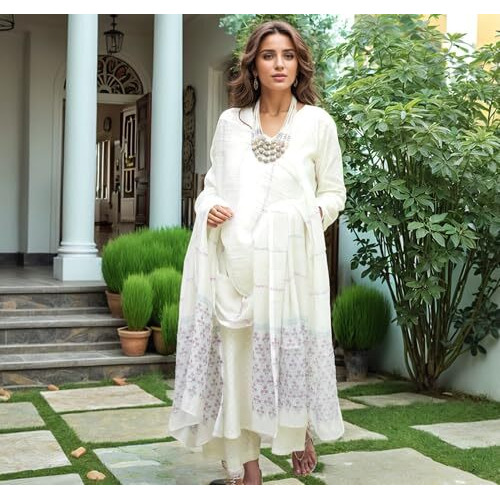 ANNI DESIGNER Women's Rayon Blend Printed Straight Kurta with Pant & Dupatta (Mirai WHITE-VKS01_XL_White_X-Large)