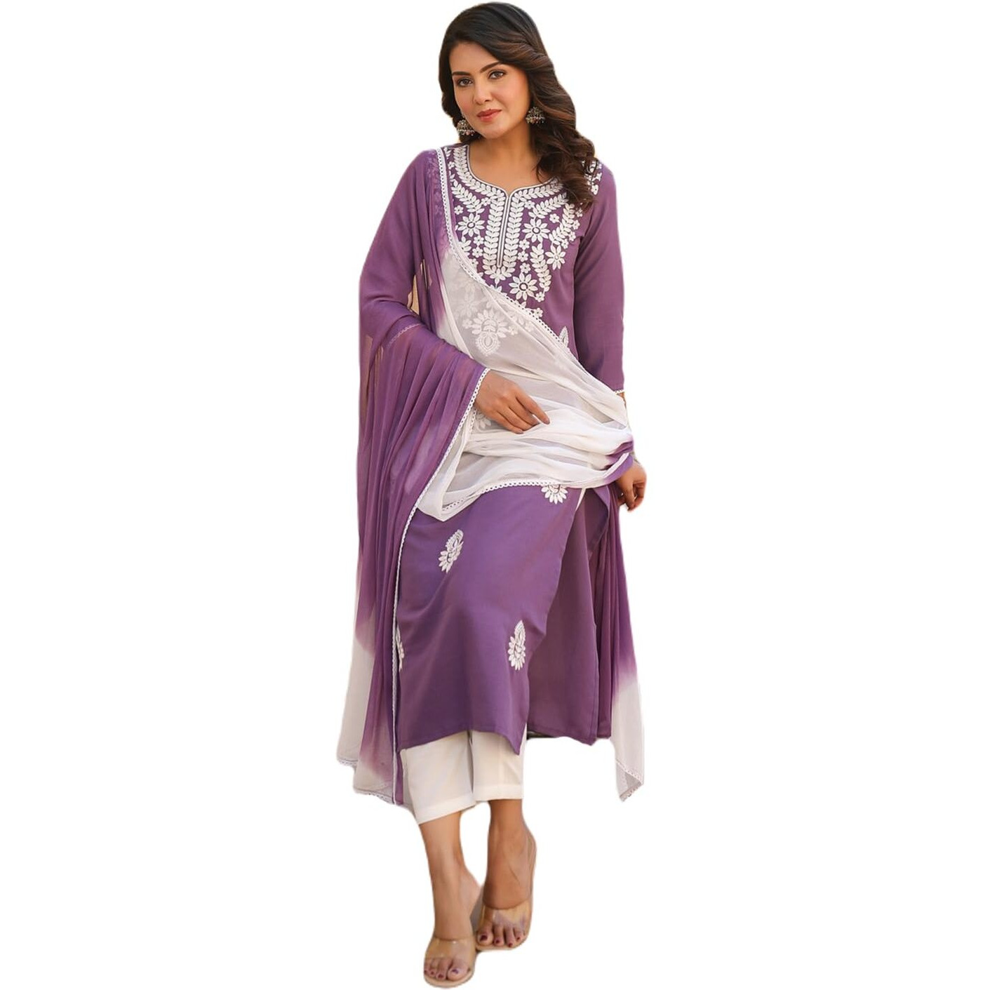 ANNI DESIGNER Women's Rayon Blend Embroidered Straight Kurta with Pant & Dupatta (Vimurat Purple_S_Purple_Small)