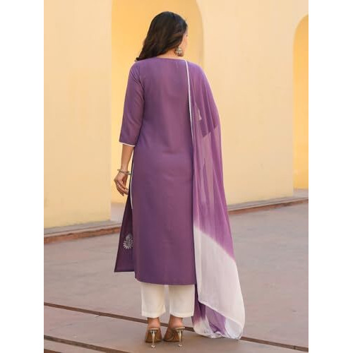 ANNI DESIGNER Women's Rayon Blend Embroidered Straight Kurta with Pant & Dupatta (Vimurat Purple_S_Purple_Small)