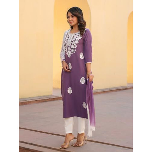 ANNI DESIGNER Women's Rayon Blend Embroidered Straight Kurta with Pant & Dupatta (Vimurat Purple_S_Purple_Small)