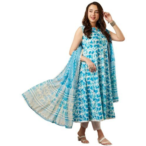 ANNI DESIGNER Women's Cotton Blend Floral Regular Kurta with Pant & Dupatta (Kalishta Sky Blue-NW Medium)