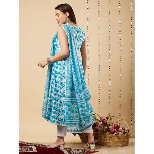 ANNI DESIGNER Women's Cotton Blend Floral Regular Kurta with Pant & Dupatta (Kalishta Sky Blue-NW Medium)