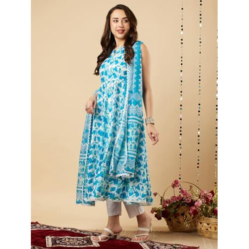 ANNI DESIGNER Women's Cotton Blend Floral Regular Kurta with Pant & Dupatta (Kalishta Sky Blue-NW Medium)