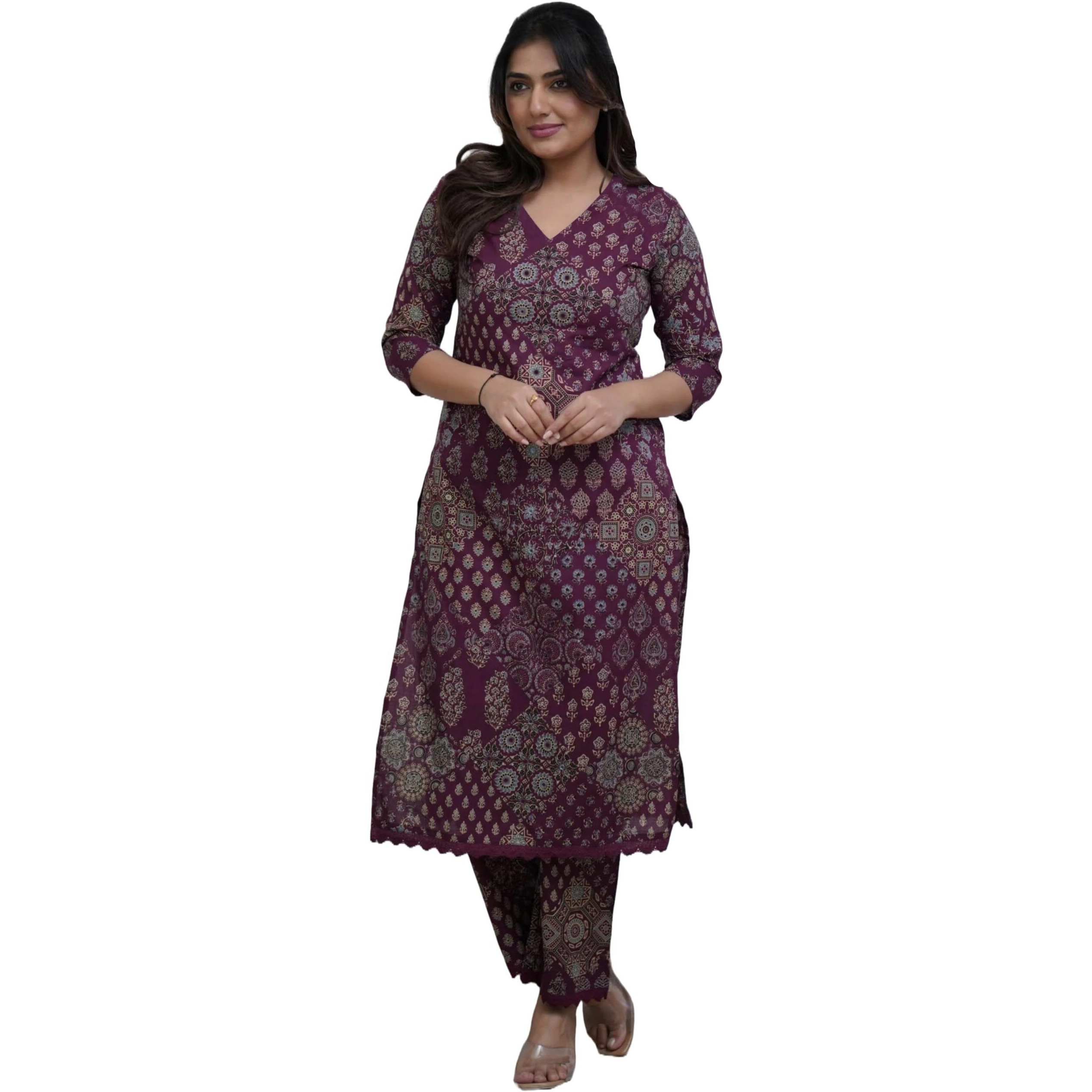 ANNI DESIGNER Women's Rayon Viscose Straight Printed Kurta with Pant (KADAI WINE-VKS01_S_Wine_Small)