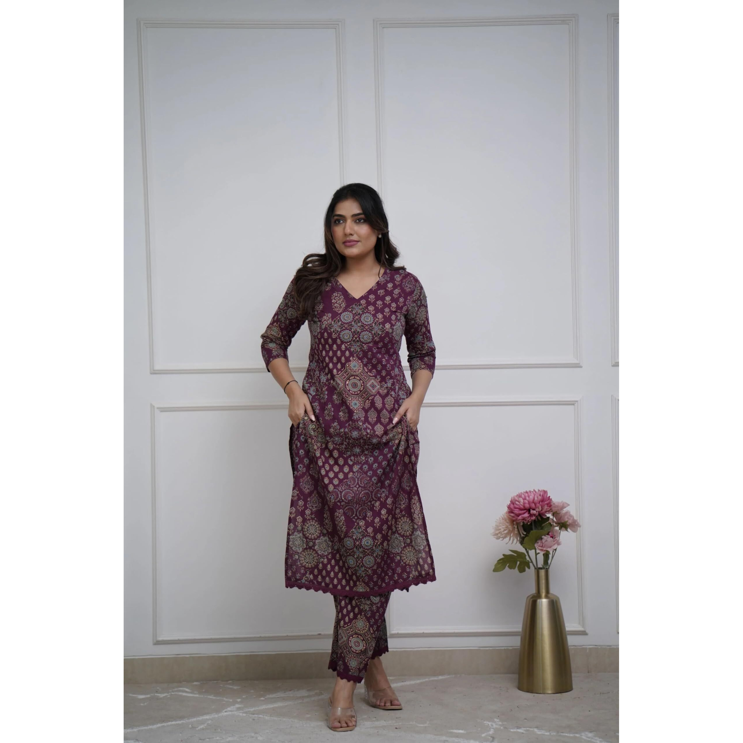 ANNI DESIGNER Women's Rayon Viscose Straight Printed Kurta with Pant (KADAI WINE-VKS01_S_Wine_Small)
