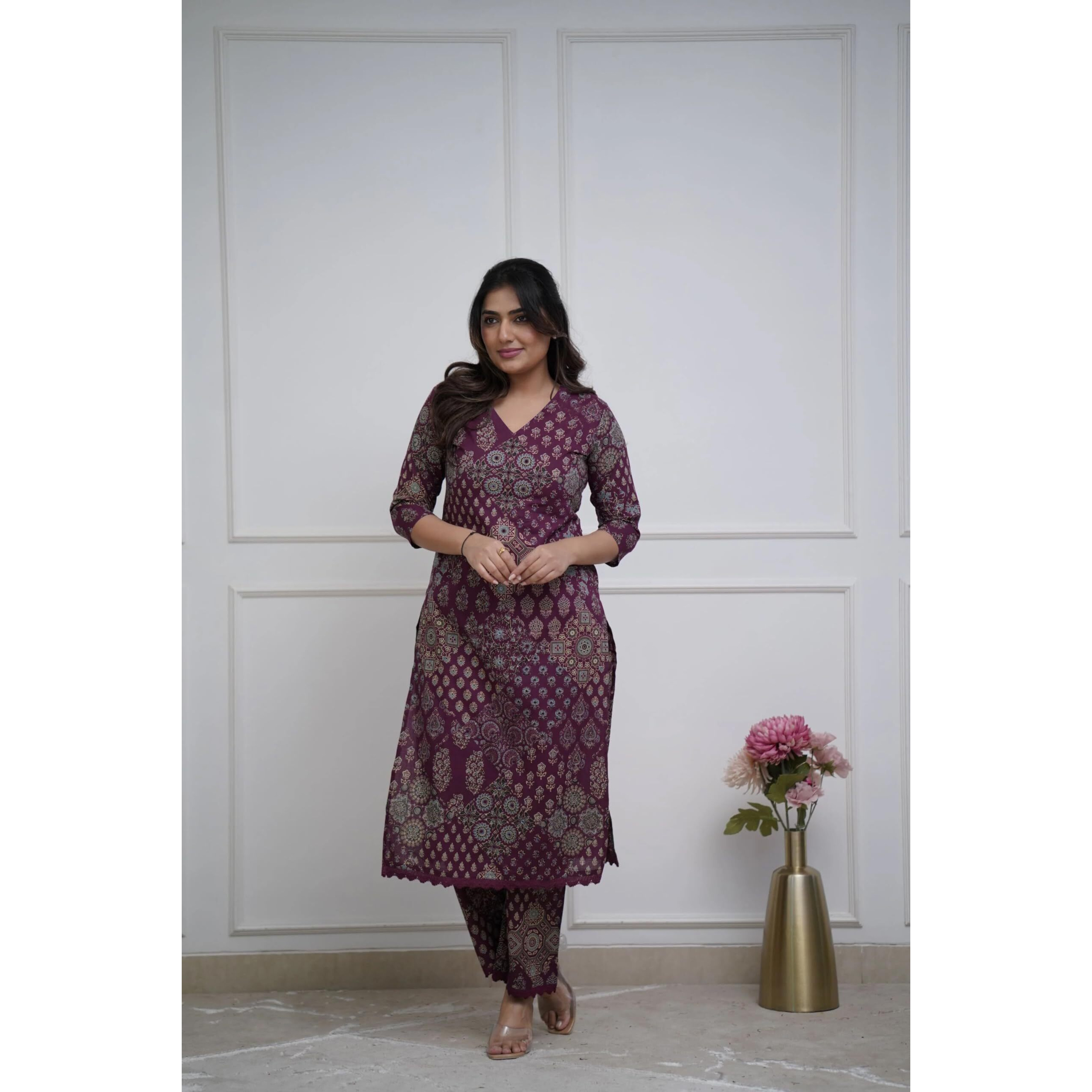ANNI DESIGNER Women's Rayon Viscose Straight Printed Kurta with Pant (KADAI WINE-VKS01_S_Wine_Small)