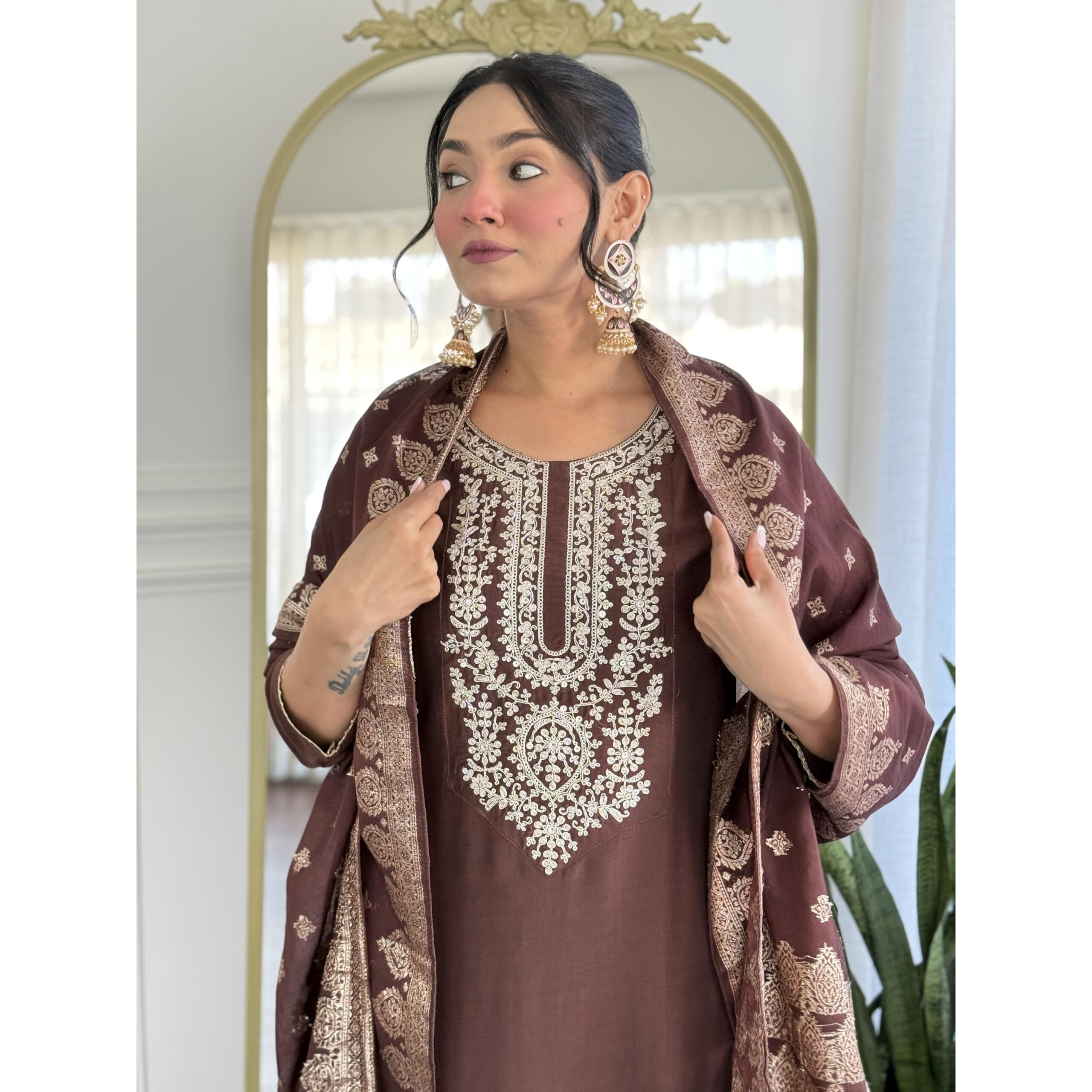 KLOSIA Women's Solid Embroidery Kurta and Pant Set with Dupatta (in, Alpha, M, Brown)
