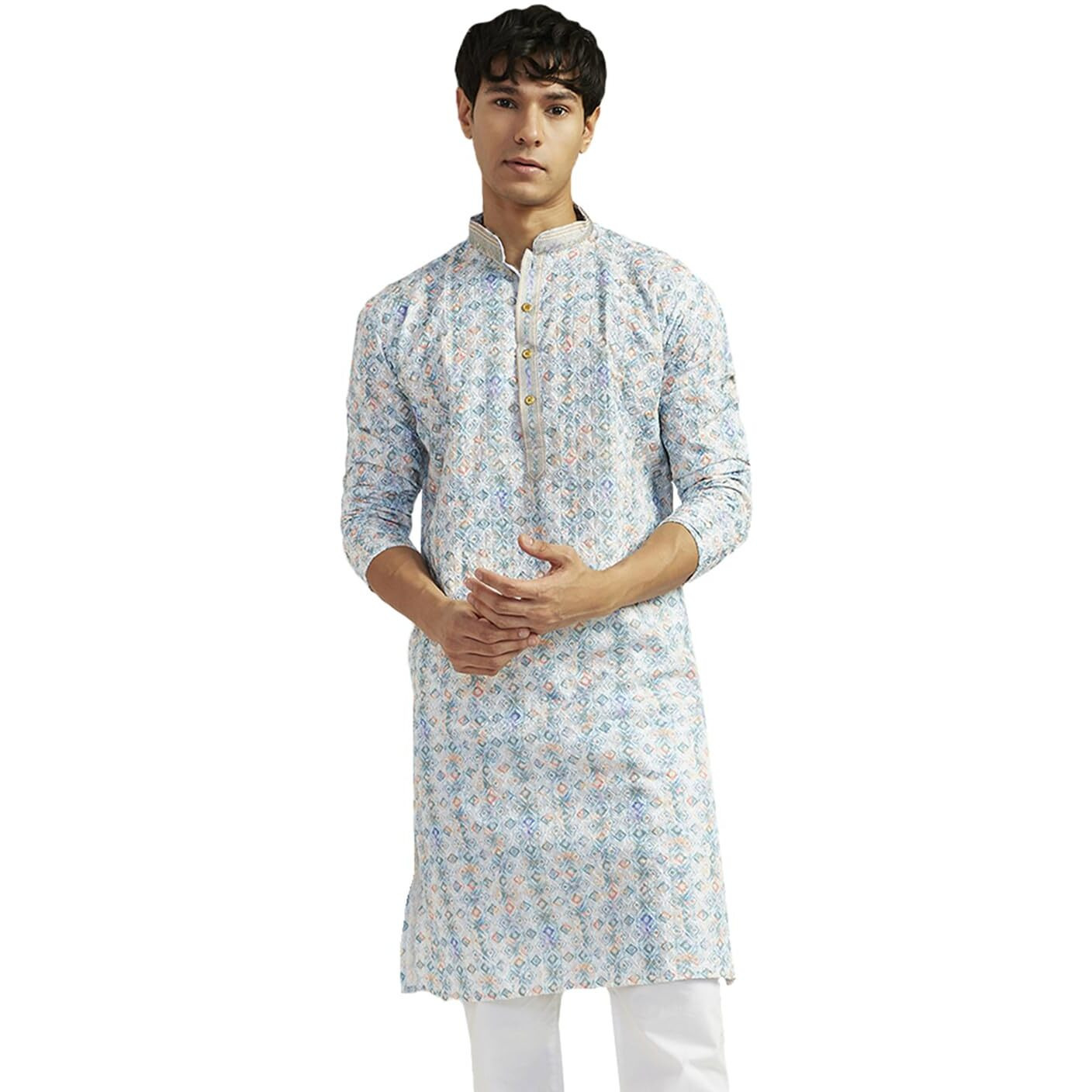 VASTRAMAY Men's Cotton Kurta for Men I All Over Embroidered and Schiffily Knee Length Straight Regula Kurta I Casual Party Festive Wedding Dressing Style_VASMK365AQ_40 Aqua