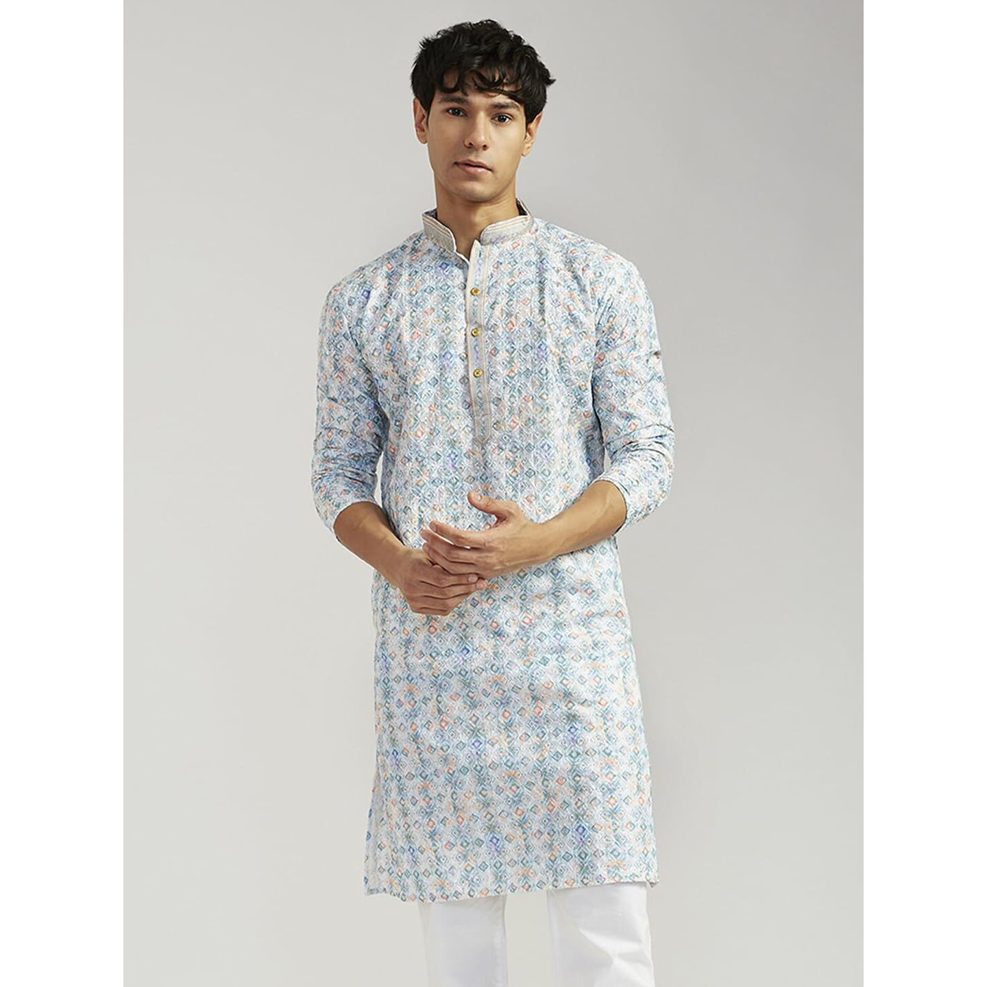 VASTRAMAY Men's Cotton Kurta for Men I All Over Embroidered and Schiffily Knee Length Straight Regula Kurta I Casual Party Festive Wedding Dressing Style_VASMK365AQ_40 Aqua