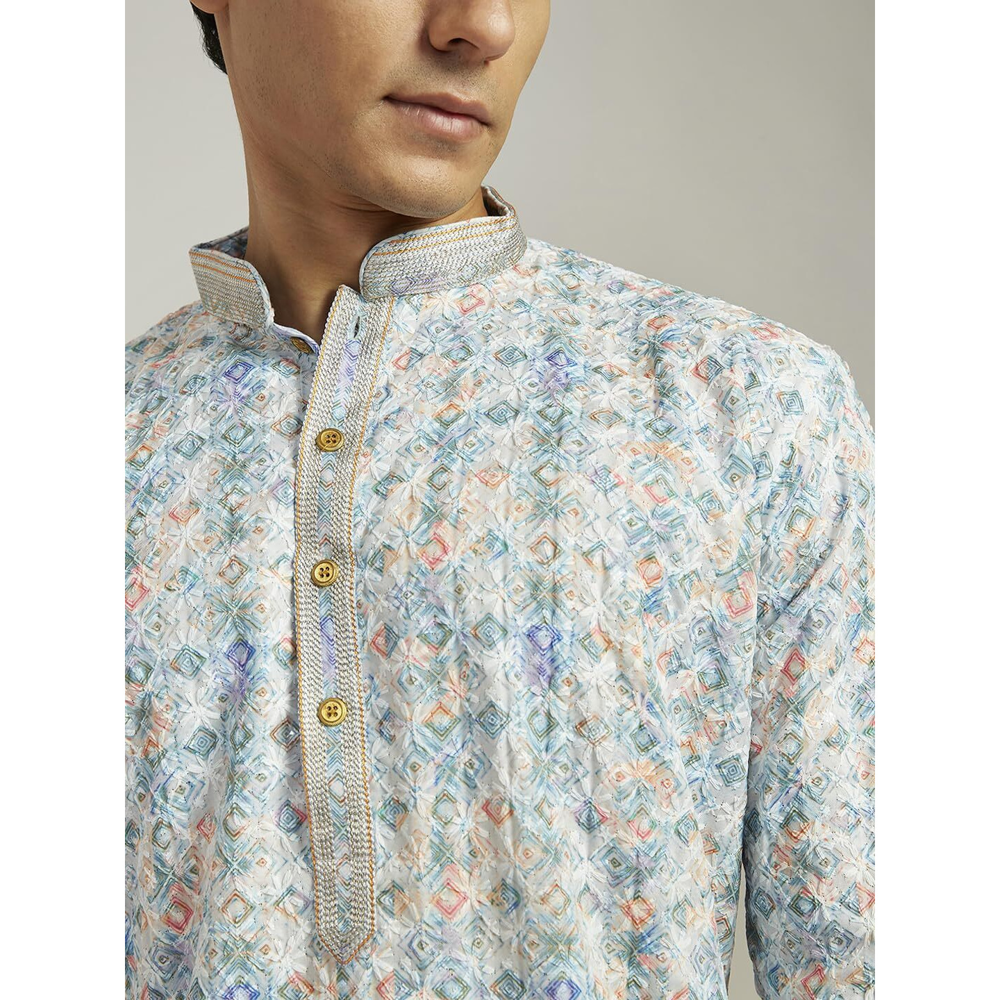 VASTRAMAY Men's Cotton Kurta for Men I All Over Embroidered and Schiffily Knee Length Straight Regula Kurta I Casual Party Festive Wedding Dressing Style_VASMK365AQ_40 Aqua