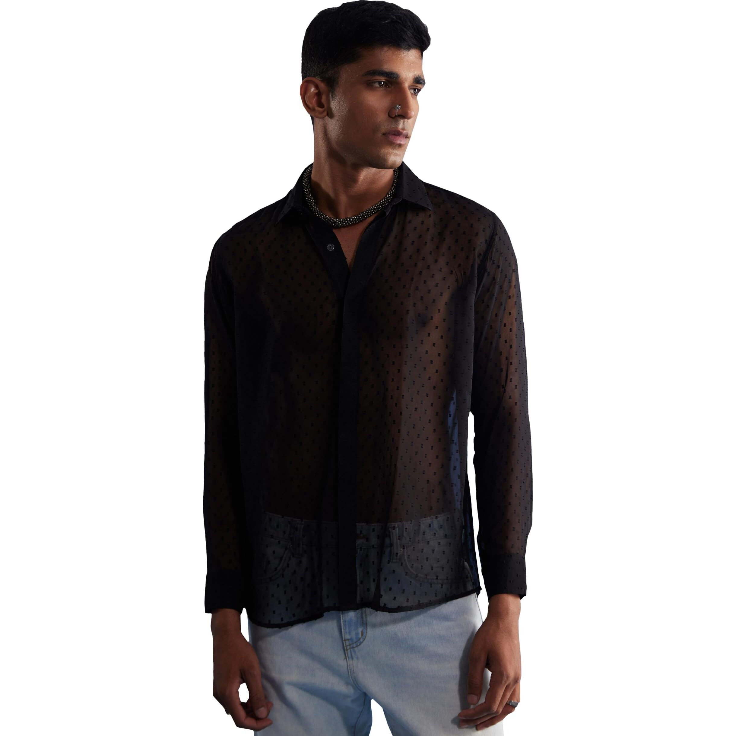 VASTRAMAY Men's Black Georgette Ethnic Jacquard Shirt_VASMSH036BL_36