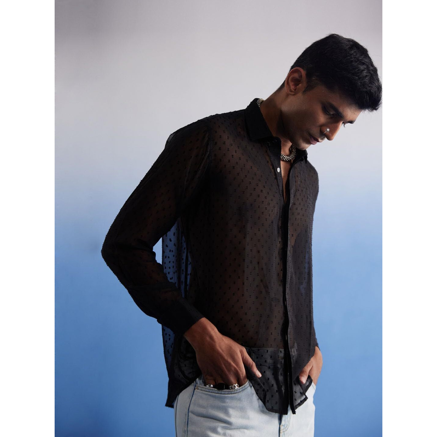 VASTRAMAY Men's Black Georgette Ethnic Jacquard Shirt_VASMSH036BL_36