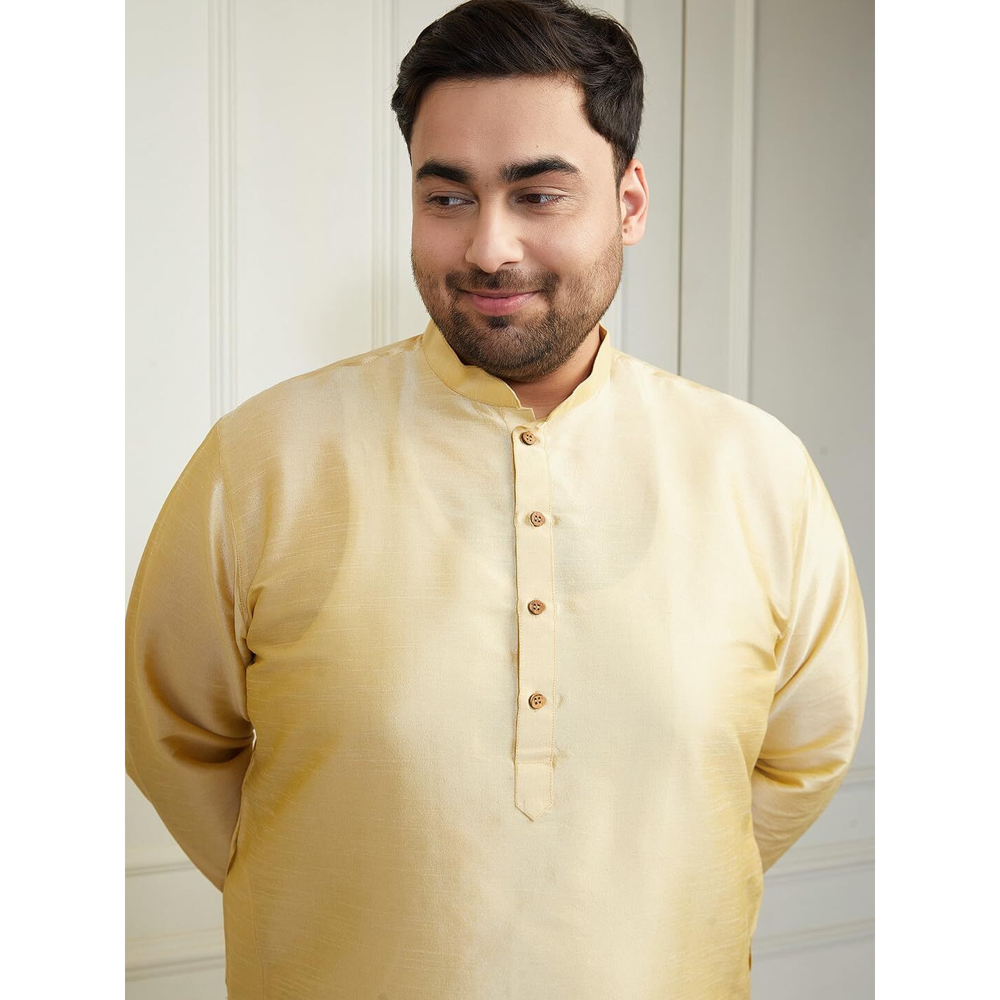 VASTRAMAY Mens Golden-Beige Silk Kurta Pajama Set  Mandarin Collar, Straight Cut, Festive