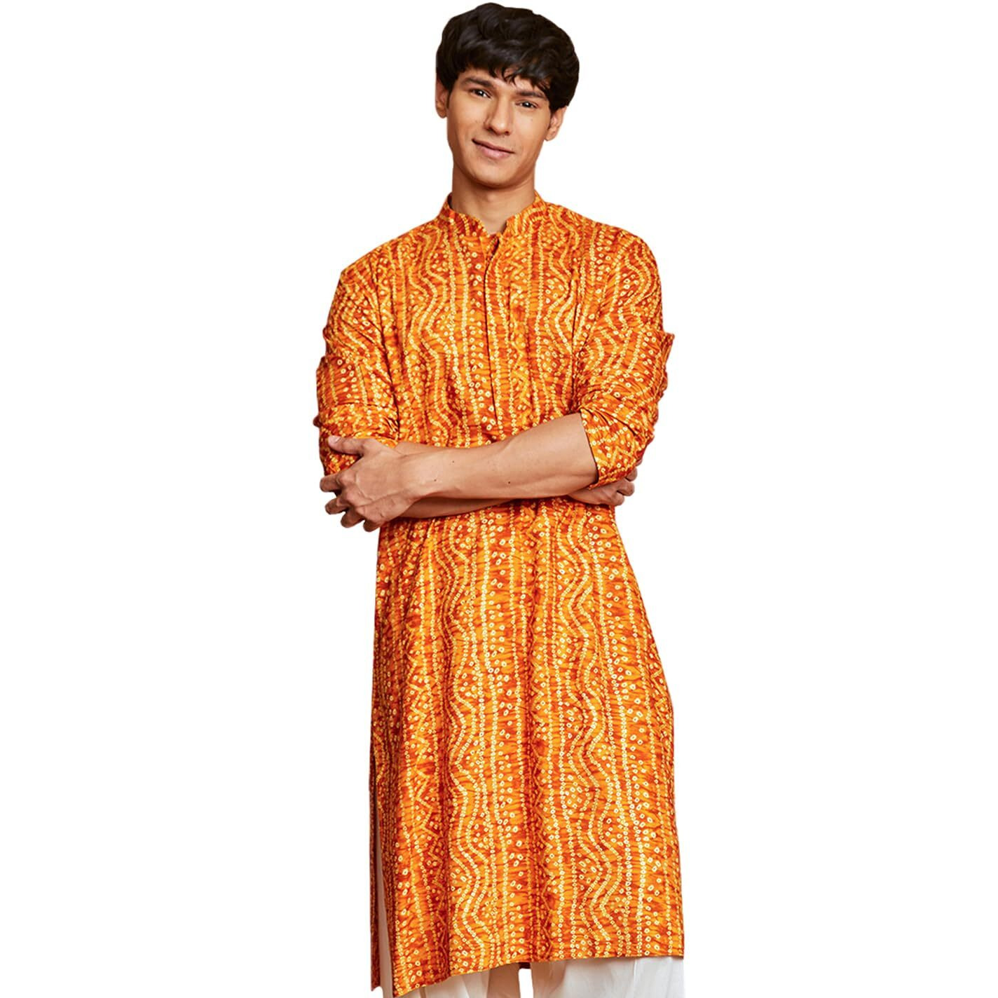VASTRAMAY Men's Cotton Bandhani Printed Kurta  Stylish Ethnic Wear for Festive & Occasions Mustard
