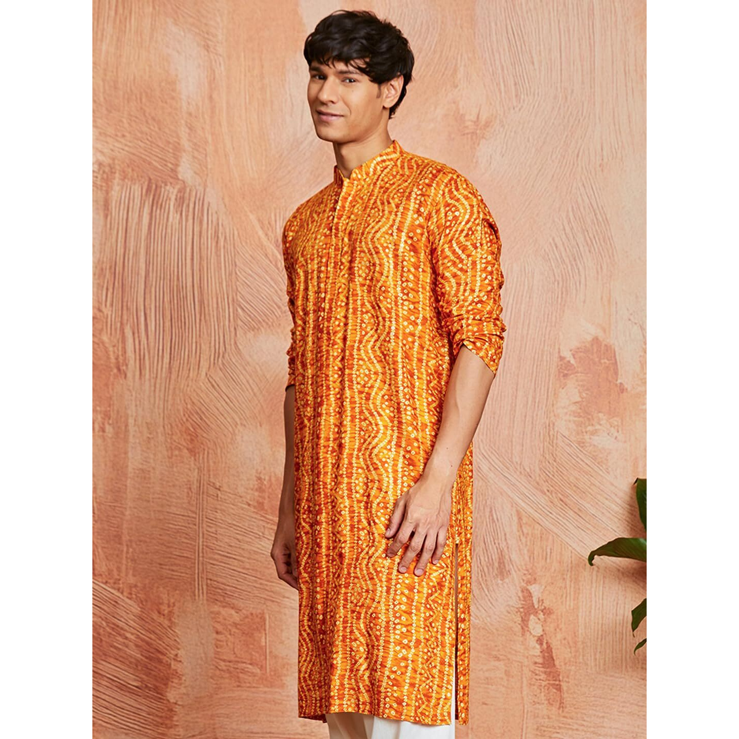 VASTRAMAY Men's Cotton Bandhani Printed Kurta  Stylish Ethnic Wear for Festive & Occasions Mustard