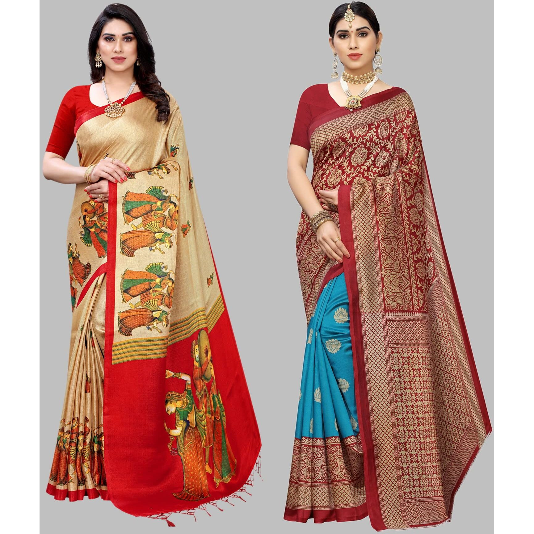 Yashika Women's Combo Art Silk Printed Saree With Blouse Piece Pack Of 2(RAJARANI CHICKU-METRO RAMA)