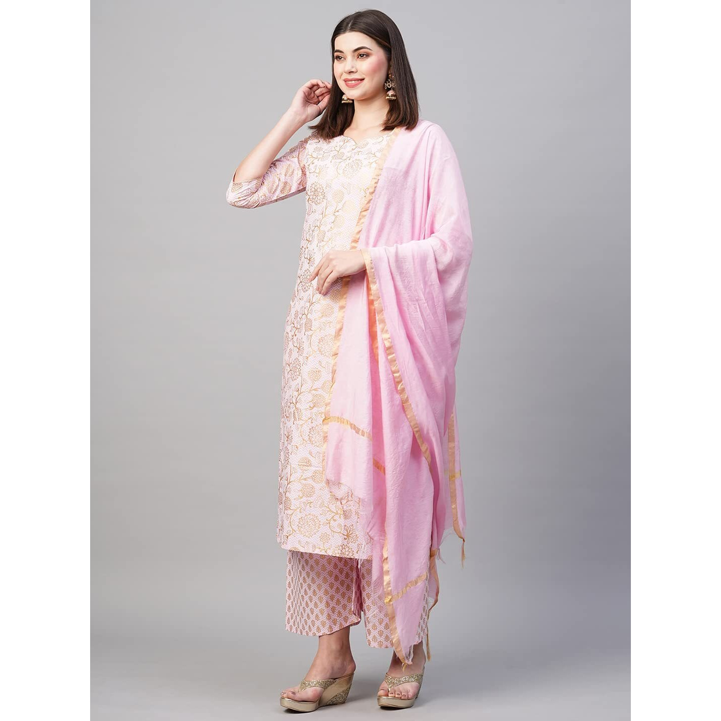 ANNI DESIGNER Women's Cotton Blend Printed Straight Kurta with Palazzos & Dupatta (Ghost-Off-Pink_M_Pink_Medium)